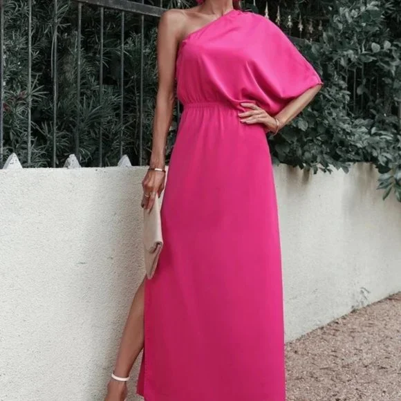 PINK Batwing Sleeve Slit Hem One Shoulder Dress - Picture 6 of 6